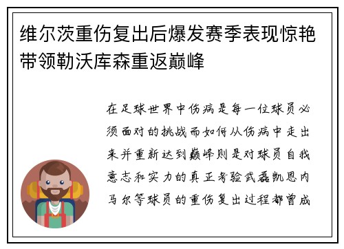 维尔茨重伤复出后爆发赛季表现惊艳带领勒沃库森重返巅峰