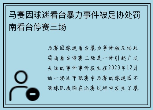 马赛因球迷看台暴力事件被足协处罚南看台停赛三场